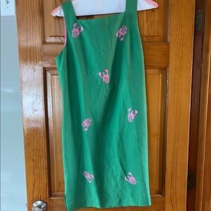 Talbots green dress with  Pink Embroidered lobsters